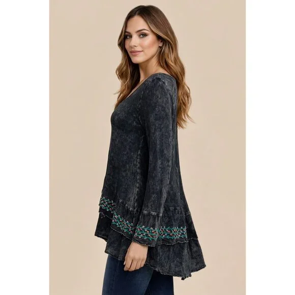 Black Acid Washed Embroidered Tiered Hem Tunic | Whimsigoth Boho Dark Academia M - Picture 5 of 11